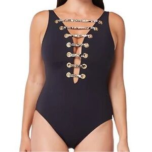 Bleu Rod Beattie Black One-Piece Swimsuit with Gold Ring Lace-Up Front